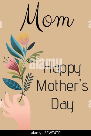 Mom happy mother's day text with flowers on cream background Stock Photo