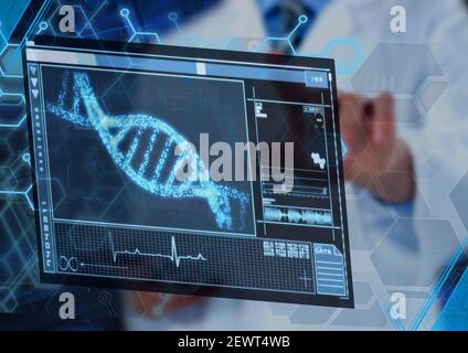 Scientific data processing with dna strand on digital screen Stock Photo