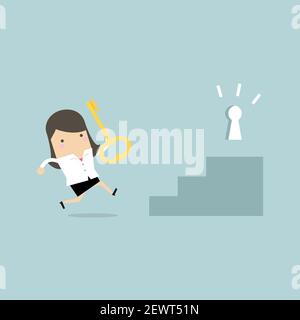 Illustration of businesswoman holding key and running to unlock keyhole ...