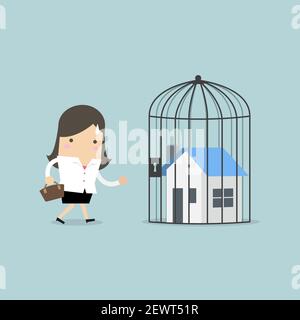 Businesswoman with locked house inside the cage, home foreclosure. Stock Vector
