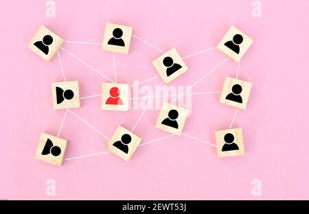 Wooden blocks with people icon on Pink background. Organization structure, social network, leadership, team building, job recruitment, management or h Stock Photo