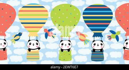 Cute Kawaii panda travelling in hot air balloons seamless vector border. Bright multicolor banner with cartoon bears and birds against fluffy clouds Stock Vector