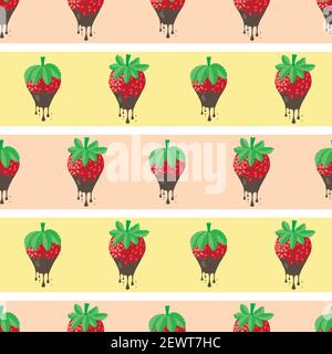 Chocolate dipped strawberry striped seamless vector pattern background. Painterly red berries dripping with melting molten ganache on wide stripes Stock Vector