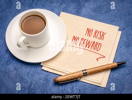 no risk, no rewards - inspirational handwriting or reminder on a napkin with a cup of coffee, business, finance and personal development concept Stock Photo