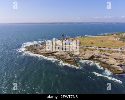 Beavertail Lighthouse in Beavertail State Park aerial view in summer, Jamestown, Rhode Island RI, USA. This lighthouse, built in 1856, at the entrance Stock Photo