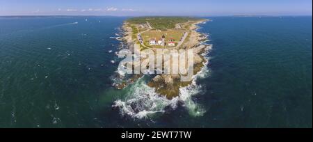 Beavertail Lighthouse in Beavertail State Park aerial view in summer, Jamestown, Rhode Island RI, USA. This lighthouse, built in 1856, at the entrance Stock Photo