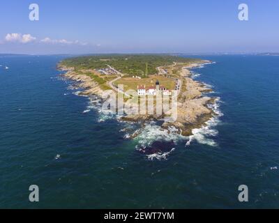 Beavertail Lighthouse in Beavertail State Park aerial view in summer, Jamestown, Rhode Island RI, USA. This lighthouse, built in 1856, at the entrance Stock Photo