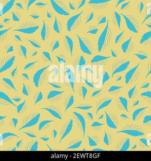 Mono print style scattered tiny leaves seamless vector pattern background. Simple lino cut effect line art leaf foliage blue yellow backdrop. At home Stock Vector