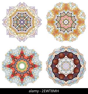 Hand-painted art design. Color hand drawn illustration set of 4 mandalas for decoration Stock Vector