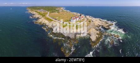 Beavertail Lighthouse in Beavertail State Park aerial view in summer, Jamestown, Rhode Island RI, USA. This lighthouse, built in 1856, at the entrance Stock Photo