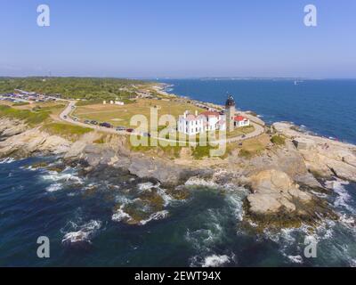 Beavertail Lighthouse in Beavertail State Park aerial view in summer, Jamestown, Rhode Island RI, USA. This lighthouse, built in 1856, at the entrance Stock Photo