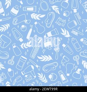 Bathroom set, seamless pattern. Hand drawn doodle background with outline hand drawn beauty products. Vector illustration. Bath texture.  Wallpaper Stock Vector