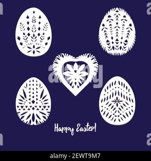 Set of paper cut festive symbols Holiday spring Easter signs egg in white colors isolated on blue background and lace frame. Traditional Belarusian Stock Vector