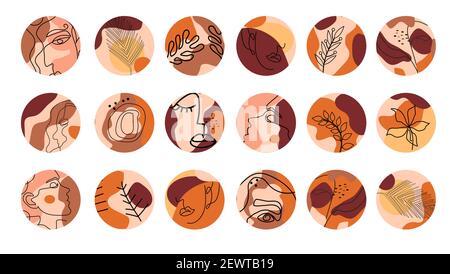 Creative contemporary aesthetic doodle elements set, vector highlight covers. Abstract backgrounds with faces, plants in a round shape. Vector Stock Vector