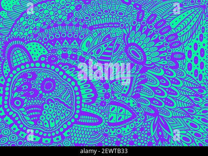 Flower ornament with patterns and leaves. Zendoodle fantastic blue background. Abstract trippy pattern. Psychedelic art. Vector artwork Stock Vector