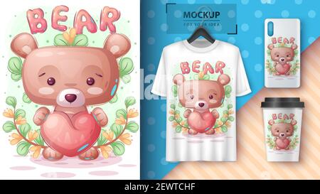 Bear with heart poster and merchandising. Stock Vector