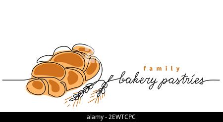 Bakery pastries vector sign, banner, poster, background. One continuous line drawing of bun bread with lettering family bakery pastries Stock Vector