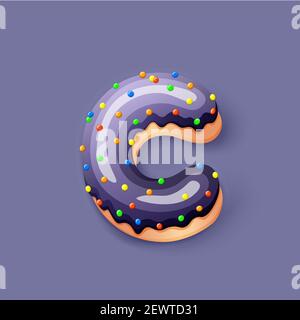 Donut icing dark blue upper latters - C Font of donuts. Bakery sweet alphabet. Donut alphabet latter C isolated on dark blue background, vector Stock Vector