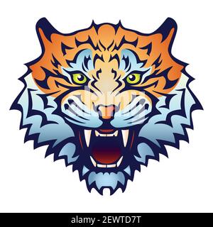 Tiger head with an open mouth and bared fangs - color vector illustration, isolated on white background Stock Vector