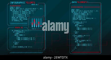 HUD interface elements with part of the code Perl. Stock Vector
