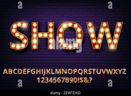 Rretro style neon lighting lamp letter on grunge brick wall, red-yellow colors font set . Stock Vector