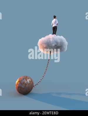 woman standing on a cloud chained to a weight Stock Photo