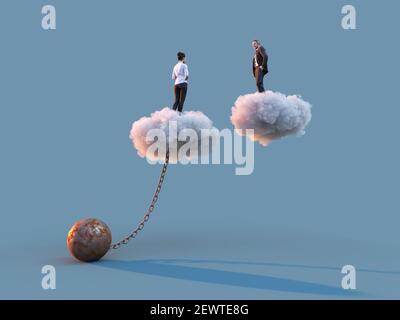 woman standing on a cloud chained to a weight Stock Photo