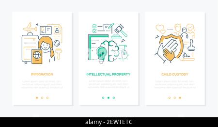 Legal services - modern line design style web banners with copy space for text. Immigration, intellectual property, child custody illustrations. Consu Stock Vector