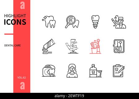 Dental care - line design style icons set. Personal hygiene, healthcare, stomatology concept. Tooth, cavity, implant, dentist, toothpaste, chair, toot Stock Vector