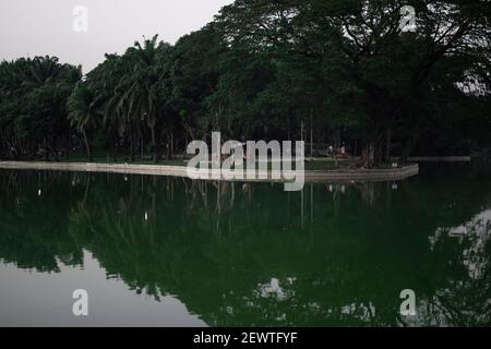 YANGON, MYANMAR - JANUARY 1 2020: The Kandawgyi lake reflects the lush green park and its trees in the water during evening Stock Photo