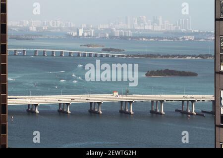 Miami, FL, USA. View from Downtown over the Biscayne Bay, with the MacArthur Causeway & Julia Tuttle Causeway. Miami Beach hotels seen in the back. Stock Photo