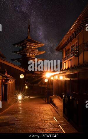 Classic rendition of the Yasaka temple in Kyoto Japan. Taken on a clear night revealing the milky way beyond it's ornate architectural design Stock Photo