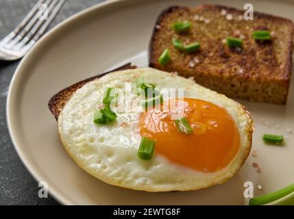 Breakfast Concept. Fried egg and rye fried bread slices, macro Stock Photo