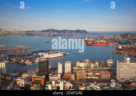 Korea, Gyeongsangnam-do, Busan, View of city and harbour from Busan Tower Stock Photo