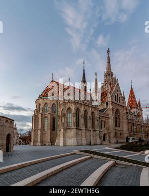 Famous religious monument building in Buda royal palace Budapest city. Next to Fishermans bastion in Buda royal castle. Stock Photo