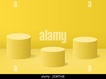 Yellow 3d realistic cylinder shape podium stage for product presentation. 3 minimal design mockup stages vector background. Stock Vector