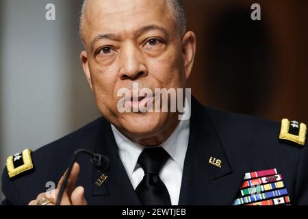 Army Maj. Gen. William Walker, Commanding General of the District of Columbia National Guard answers questions during a Senate Homeland Security and Governmental Affairs & Senate Rules and Administration joint hearing on Wednesday, March 3, 2021 to discuss the January 6th attack on the U.S. Capitol.Credit: Greg Nash/Pool via CNP | usage worldwide Stock Photo