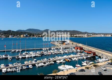 San Antonio de Portmany, Ibiza - June 16, 2015. Sant Antonio de Portmany Yacht Club, located at the beginning of the bay. Where pleasure and rental bo Stock Photo