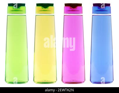 set of transparend clear colored shampoo bottles mockup isolated on white - without labels Stock Photo