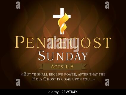 Pentecost Sunday Acts 1,8 vector greetings. Invite or greeting dark card. Fiery flaming shining cross gold colored. Christian religious flier. Holy Sp Stock Vector