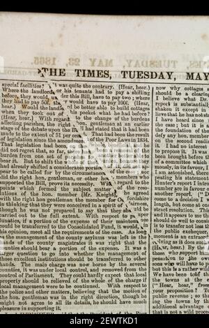 Fold in paper creates printing error in this original copy of The Times newspaper (Tuesday 23rd May 1865), London, UK. Stock Photo