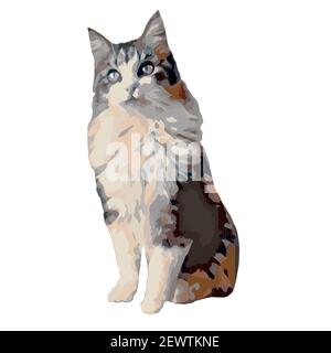 sweet fluffy cat illustration with a tri colour coat sitting with an adorable look ideal for print material or wrapping isolated on a white background Stock Photo