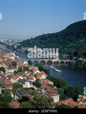 Germany. Baden-Württemberg. Heidelberg. High viewpoint of the town with barge on the River Neckar. Stock Photo