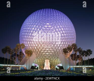United States. Florida. Bay Lake. Walt Disney World Resort. Epcot. Spaceship Earth floodlit at night. Stock Photo