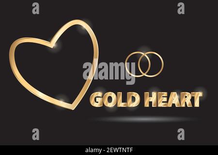 Gold heart and two wedding rings on a black background. Wedding postcard. The bride and groom information. Illustration of golden objects. Stock Vector