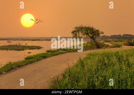 Scenic rural India landscape with view of unpaved village road along side a river at sunset Stock Photo