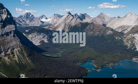 Panoramic view of Upper Kananaskis Lake and beautiful mountain scenery seen from Sarrail Ridge in Kananaskis Country, Alberta, Canada. Stock Photo