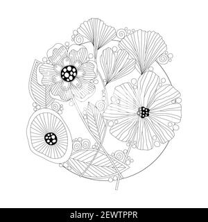 Outline zentangle flowers in black and white for adult coloring books, doodles monocrome floral vector pattern. Stock Vector