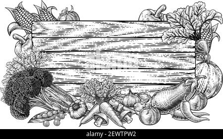 Vegetable Fresh Garden Produce Border Woodcut Sign Stock Vector