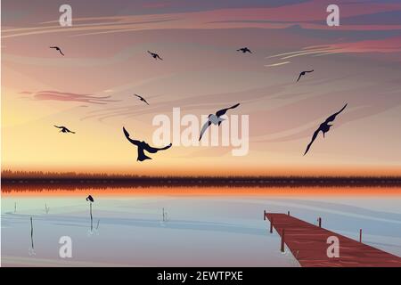 Sunset over the lake with a pier in the background Stock Vector